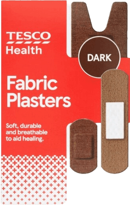 A photo of a box of skin-tone plasters that are sold at Tesco