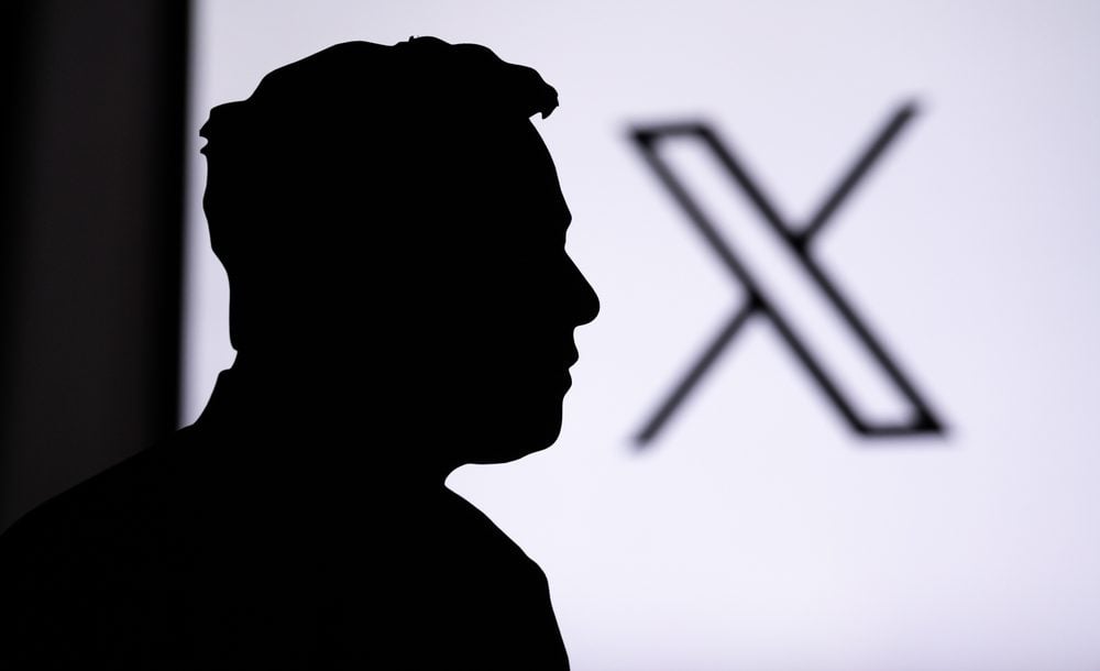 silhouette of a person, X logo in the background