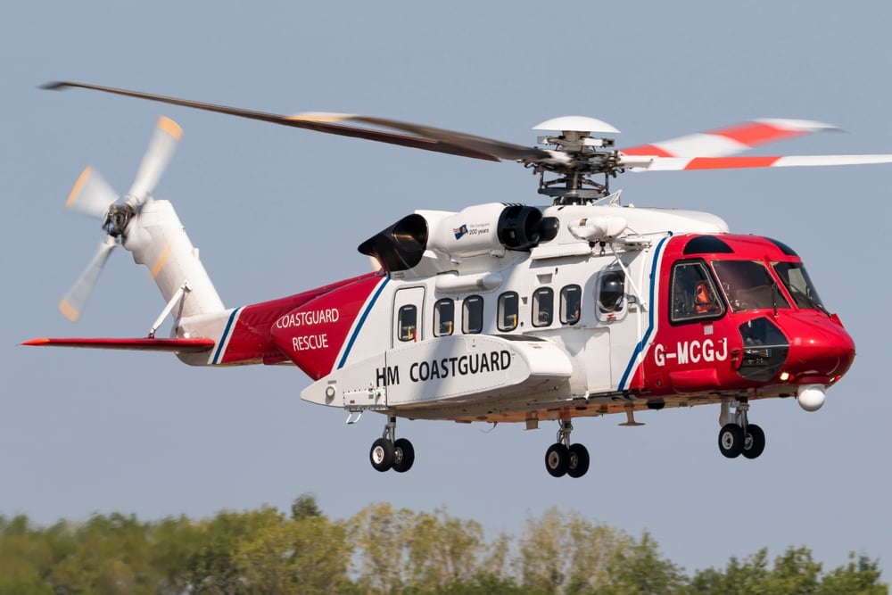 Fairford United Kingdom - July 18 2022: HM Coast Guard Rescue S92 taking off from RAF Fairford